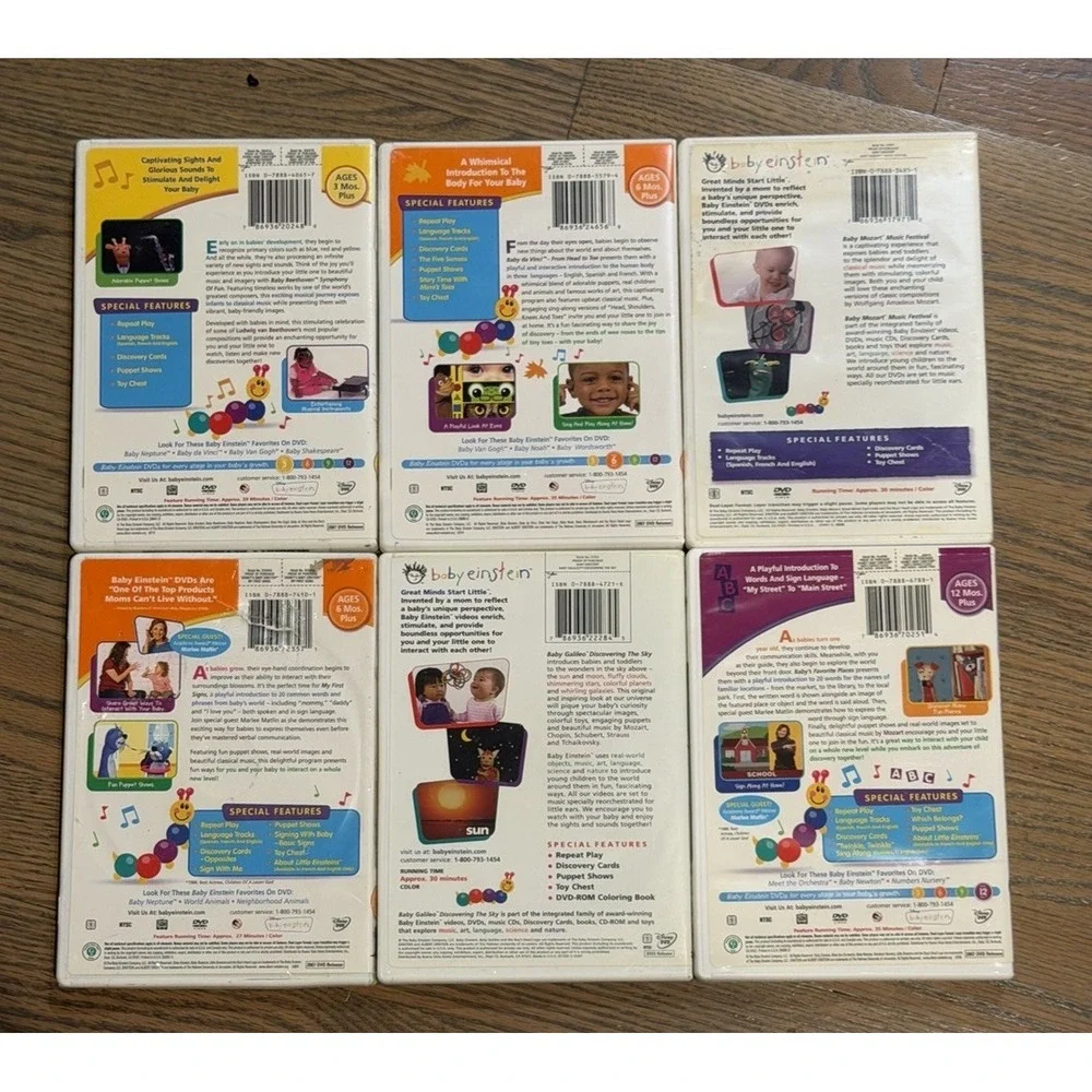Baby Einstein 6 Disc DVD Lot Early Learning Music Sign Place Educational Toddler